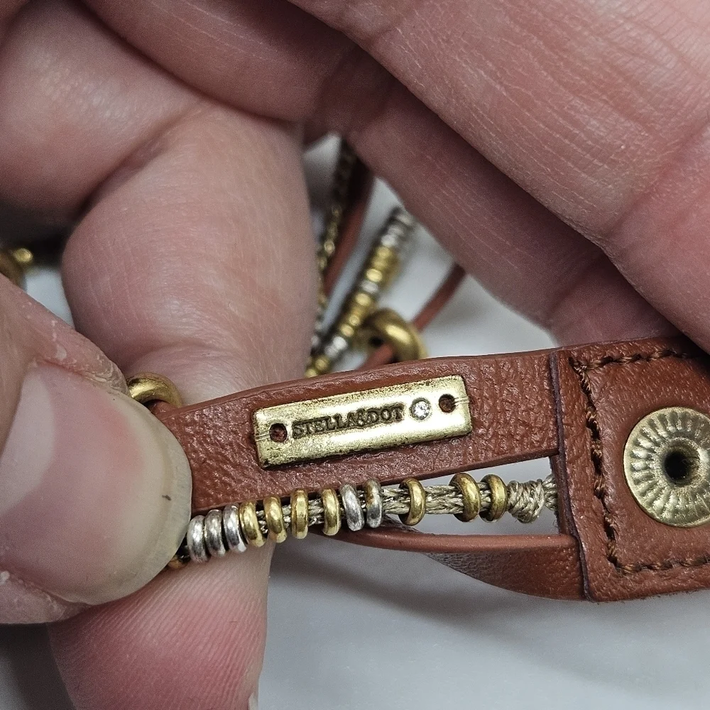 Stella & Dot brown faux leather wrap bracelet with gold and silver metal accents
